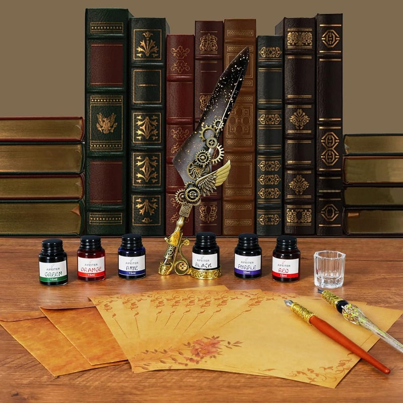 Aifeiter Feather Pen Ink Set - 6 Bottles of Ink, Quill Pen, Glass & Wooden Dipping Pens, 8 Sheets of Writing Paper, Envelope, Wax Granules, Round Wax, Seal, Spoon, Pen Holder (Grey) - Image 3